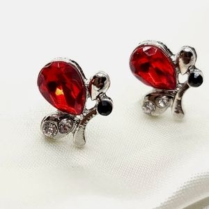 Butterfly Earrings Stud Silver and Red Gemstone Rhinestone post earrings